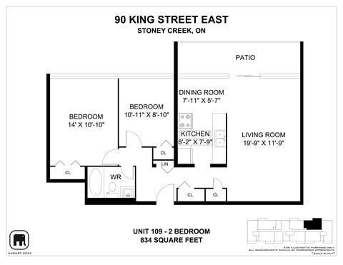 Floor plan for 2 beds, 1 bath, 838 sqft